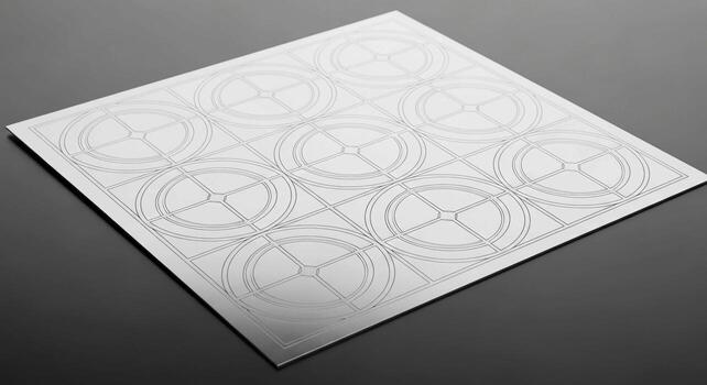 A close up overhead view of a square piece of textured white paper with a repeating circular geometric pattern embossed on its surface photo