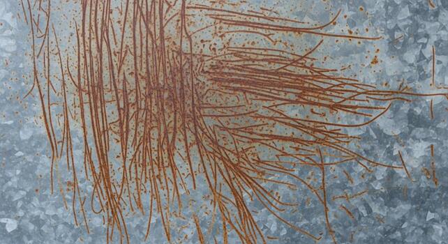 Close up texture of weathered galvanized metal with organic rust patterns and scratches creating abstract visual interest photo