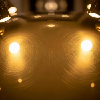 Abstract warm golden light reflections creating a symmetrical and ethereal glowing pattern with soft bokeh effects photo