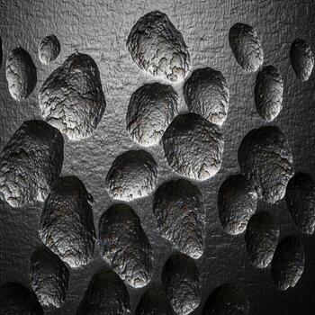 resumen arreglo de texturizado irregular oscuro objetos suspendido en contra un áspero texturizado antecedentes en monocromo foto