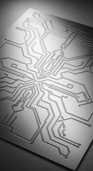 Intricate etched copper circuit board design with complex pathways and connections showcasing detailed electronic engineering artistry photo