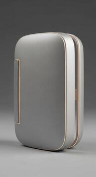 Sleek modern minimalist portable audio speaker with a rounded rectangular design and subtle metallic accents photo