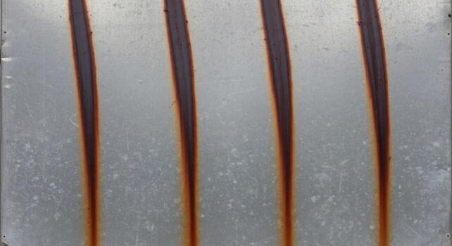 Abstract close up of four parallel dark brown lines with reddish brown edges against a textured light gray background photo