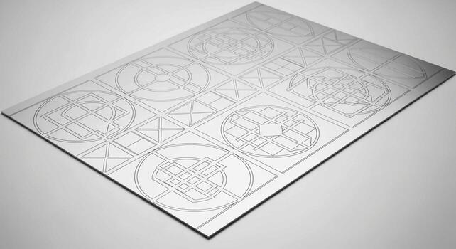 Intricate geometric sacred geometry patterns etched on a metallic surface with subtle reflections and shadows photo