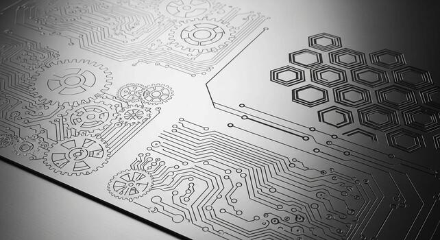 Microscopic view of intricate etched patterns on a silicon wafer revealing complex circuitry and hexagonal structures photo