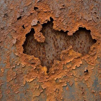 Close up texture of heavily rusted metal surface with peeling paint and deep corrosion showing intricate patterns photo