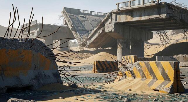 Post apocalyptic scene of a collapsed highway overpass amidst debris and construction barriers under a hazy sky photo