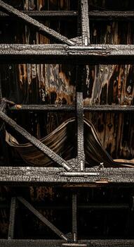 Charred and damaged bookshelves filled with ruined books after a devastating fire photo
