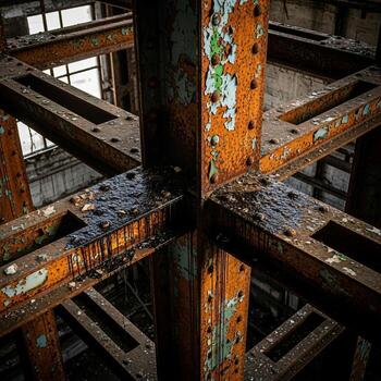 A rusty metal structure with a window in the middle photo
