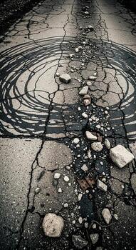 resumen texturizado asfalto superficie con circular patrones y dispersado rocas creando un único urbano paisaje foto