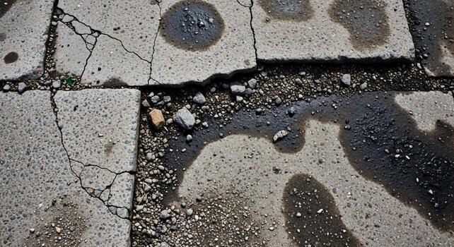 Cracked and weathered concrete paving stones with visible debris and water stains creating abstract patterns photo