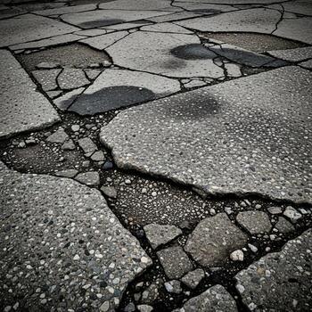Close up view of a severely cracked and broken asphalt road surface with visible potholes and exposed aggregate photo