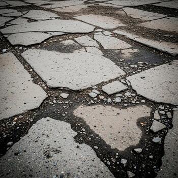 Cracked and weathered concrete pavement with dark water filled fissures creating a textured abstract pattern photo