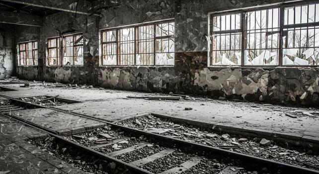 An old abandoned building with broken windows and broken rail tracks photo