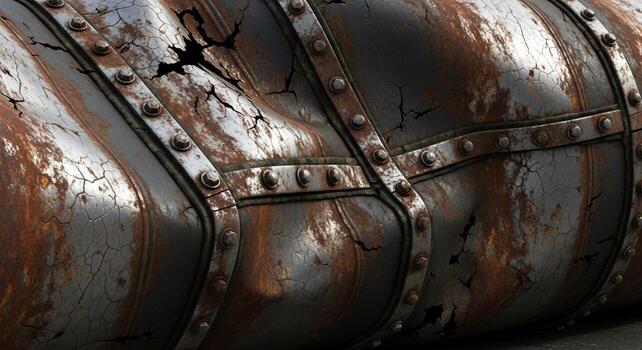 Close up of a weathered and rusty metal pipe with visible rivets and textured surface photo
