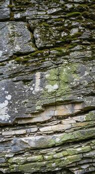Close up view of weathered layered rock formations with patches of green moss and lichen adding texture and color photo