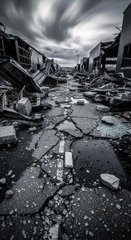 A street with rubble and debris in the middle photo
