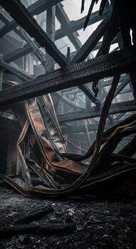 Ruined structure with charred wooden beams and debris after a devastating fire evoking a sense of destruction and abandonment photo