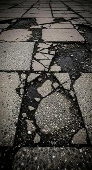 Cracked and worn stone pavement with dark shadows creating geometric patterns and a sense of decay photo