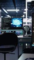 vertical ai desarrollo estaciones de trabajo en datos centrar con monitores mostrando máquina aprendizaje código. servidor granja ordenadores usado para rastreo neural red estructuras algoritmo actuación video