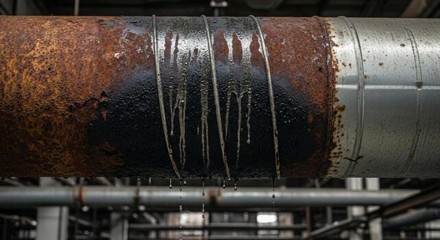 Close up of a large industrial pipe showing sections of rust grime and a shiny reflective surface photo