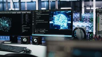 Computer systems in data center managing network resources using artificial intelligence tech. PC equipment with visual programming tools enabling efficient data processing and storage video