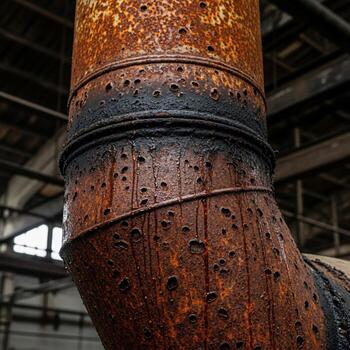 Close up view of a large weathered industrial pipe showing extensive rust and corrosion with a textured surface photo