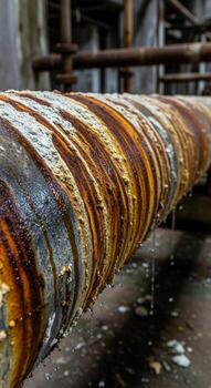 Close up of a heavily corroded industrial pipe with layers of rust and mineral deposits in a dimly lit factory setting photo