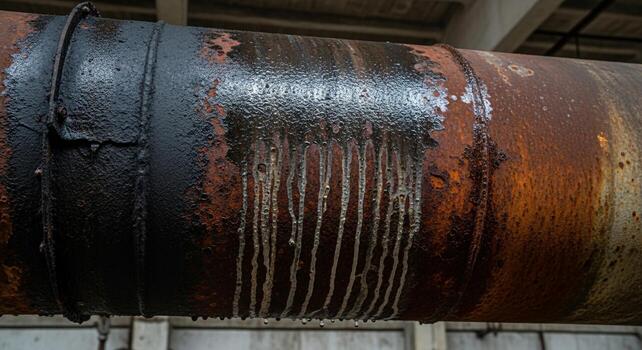 Close up of a large industrial pipe showing signs of age rust and dripping residue in a dimly lit environment photo