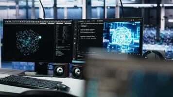 Monitors in data center displaying AI tech software interface monitoring infrastructure health. Visual programming systems on PCs helping identify malfunctions in server hub equipment video