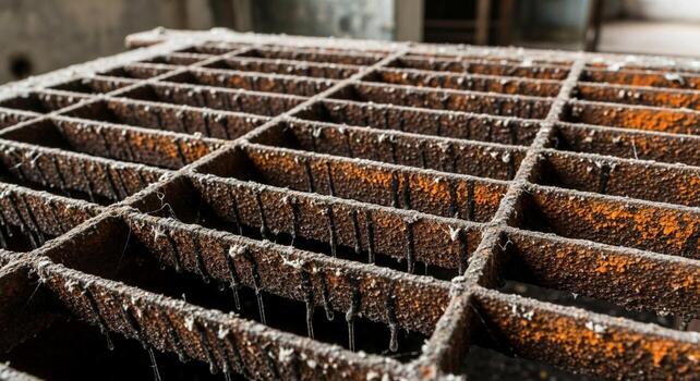 Close up view of a weathered and rusty metal grate with a grid pattern showing signs of age and industrial use photo