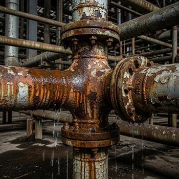 Close up of a heavily rusted industrial pipe junction with multiple valves and flanges in a derelict factory setting photo