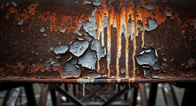 Abstract macro photograph capturing the vibrant textures and dripping patterns of weathered rusted metal surfaces with a reflective undertone photo