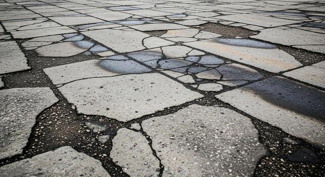 Cracked and weathered stone paving slabs create a textured abstract pattern with shadows and reflections on an outdoor surface photo