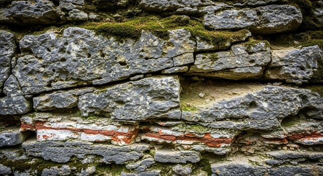 Close up textured view of weathered tree bark with cracks and hints of moss and lichen growth photo