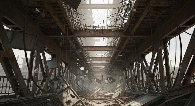 A desolate and decaying industrial bridge structure with a bright hazy light filtering through its damaged ceiling and debris strewn walkway photo