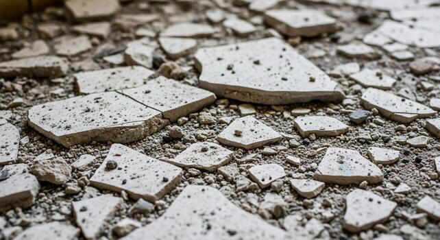 Close up view of broken concrete debris scattered across a textured surface showcasing rough edges and speckled patterns photo