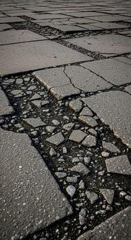 Cracked and deteriorated pavement showing exposed aggregate and underlying substrate in a close up view photo