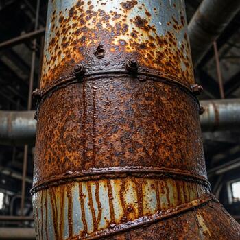Close up view of a heavily rusted industrial pipe with dripping corrosion and a textured surface in an abandoned factory setting photo