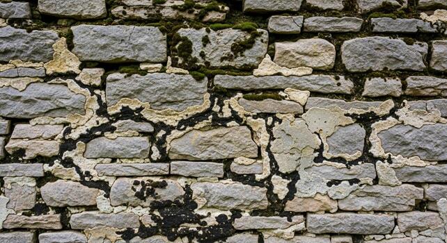 A close up view of an ancient weathered stone wall with irregular shapes and visible mortar hinting at historical construction photo