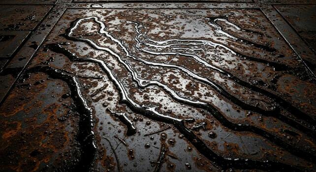 Abstract textured surface with flowing metallic liquid and organic patterns creating a sense of movement and decay photo