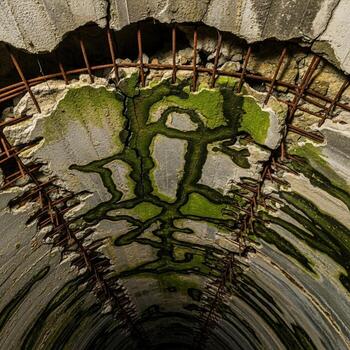 Looking up into a decaying concrete structure with exposed rebar and moss growth creating an eerie abstract pattern photo