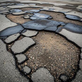 Damaged asphalt road surface with large potholes and cracks creating a textured abstract pattern of decay and disrepair photo