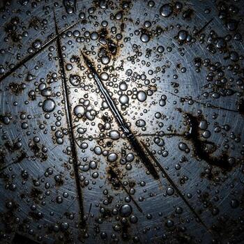 cerca arriba resumen ver de agua gotas en un oscuro texturizado superficie con intersectando líneas y reflexiones foto