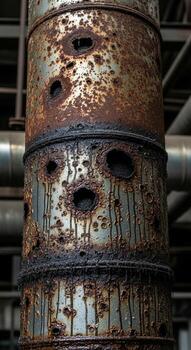 Close up of a heavily corroded industrial metal pipe with visible rust and damage in an abandoned factory setting photo