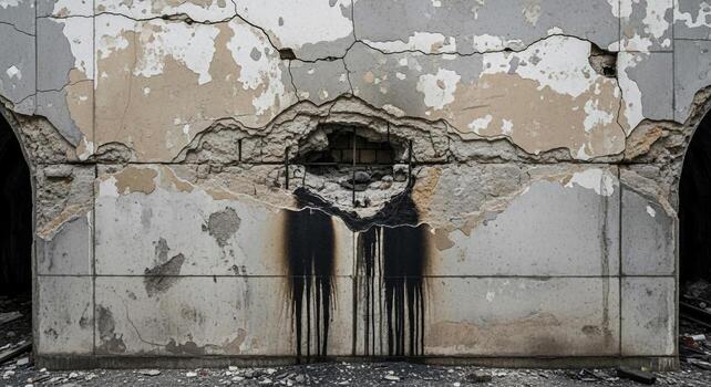 A man is standing in front of a building with a hole in it photo