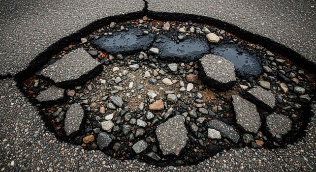 Cross section of a pothole revealing asphalt layers and embedded aggregate materials on a weathered road surface photo