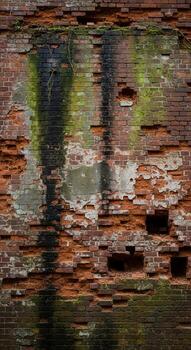 Abstract reflection of trees and sky on a weathered textured brick wall creating a distorted natural pattern photo