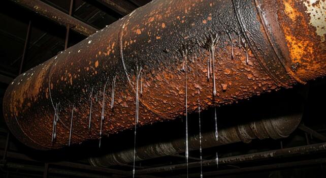 Close up view of dripping water from a large textured and colorful object suspended from the ceiling in a dimly lit space photo