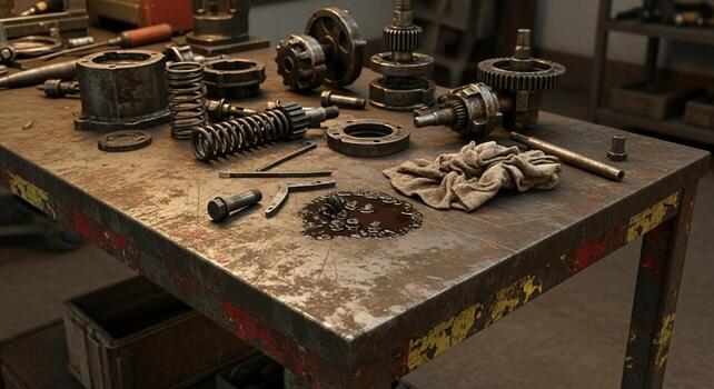 Disassembled mechanical components and tools scattered across a worn workbench suggesting a repair or assembly project in progress photo